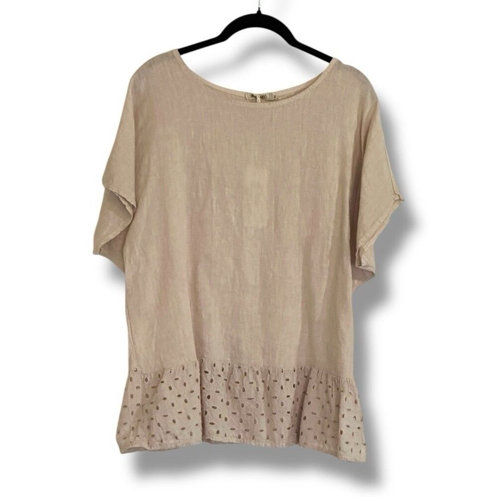 SPAZIO CHIC 100% Linen Top NWT Natural Beige Eyelet Cotton Trim Casual Med